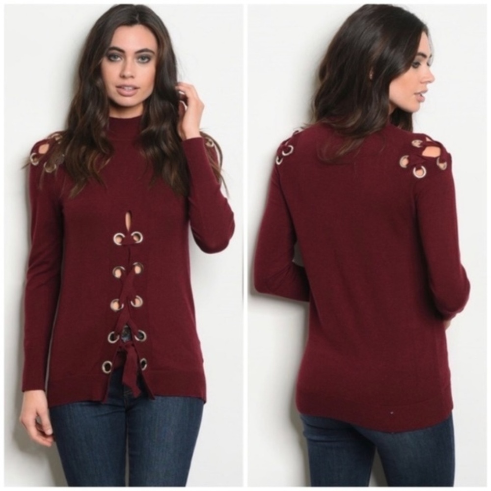 Womens Lace up burgundy sweater size M